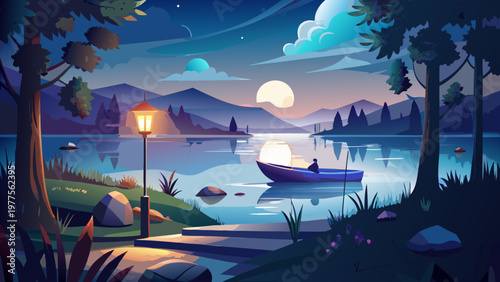 Serene lake scene, moonlit night, vector landscape, peaceful water, scenic mountains