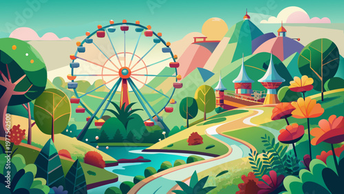 Colorful amusement park landscape, cartoon theme park scenery, vibrant fairground illustration, vector scenic view