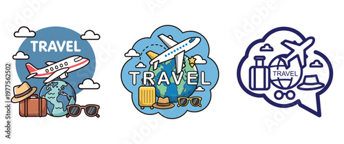 Global travel concept with airplane flying around earth, suitcase, hat, sunglasses, clouds, word travel, exciting journey, illustration.