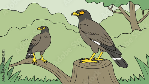 Cartoon birds, perched, on tree stump, wildlife illustration, vector graphics
