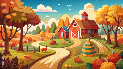 Autumn farm landscape, rural scenery, fall harvest, vector illustration, countryside scene