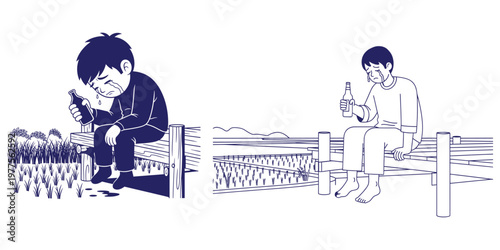 Sad boy crying, holding beer bottle, sitting on wooden bench, rural landscape background, sense of despair, dark mood, illustration.