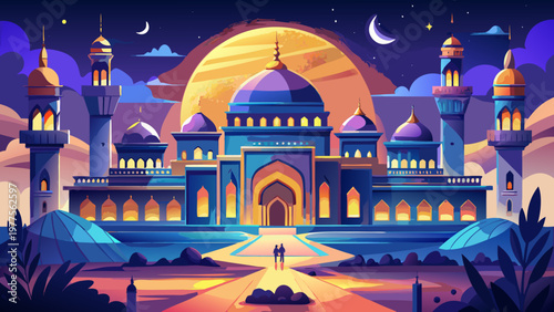 Islamic architecture, mosque vector illustration, blue and gold, desert landscape, nighttime scene