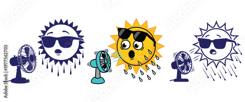 Sweating cartoon sun wearing sunglasses cooling down with electric fan illustration in multiple color and line styles.