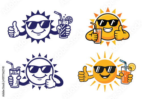 Sun character cartoon with sunglasses holding cold summer drink and giving thumbs up sign set of four vector mascots.