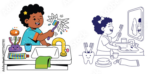 Little girl brushing teeth at bathroom sink with colorful hygiene accessories and black and white coloring page version.