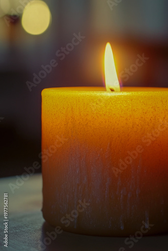 A single lit candle sits on a table with a simple background. vertical frame