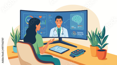 A person sits at a modern desk engaging in a digital health consultation via video with a doctor, highlighting the convenience and accessibility of telehealth services.