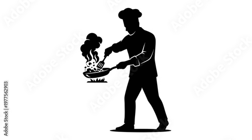 Chef preparing food on grill.