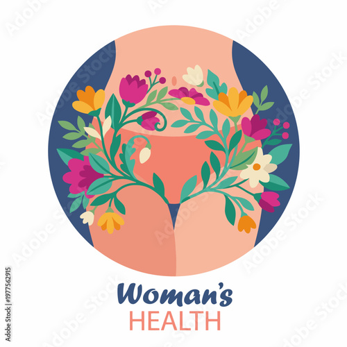This image presents an artistic representation of women's health surrounded by floral elements, symbolizing vitality and femininity. Perfect for health and wellness themes.