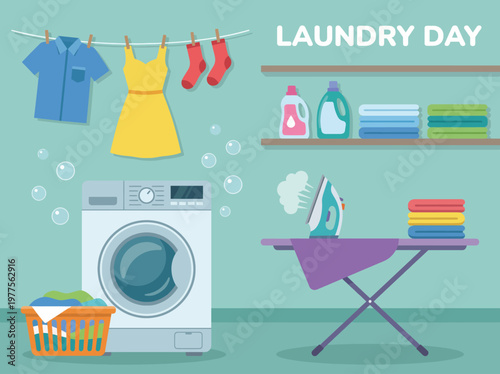 A vibrant depiction of laundry day featuring colorful clothes hanging to dry, a washing machine, an iron, and neatly folded towels, creating a lively domestic atmosphere.