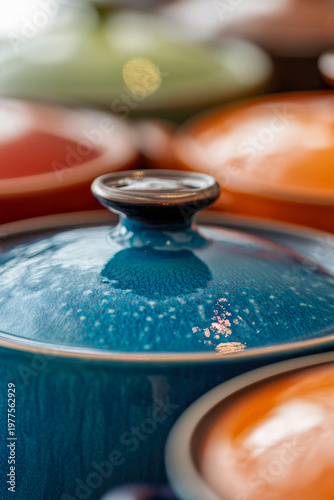 A collection of vibrant pots and containers arranged on a tabletop, ideal for decoration or still life photography. vertical frame