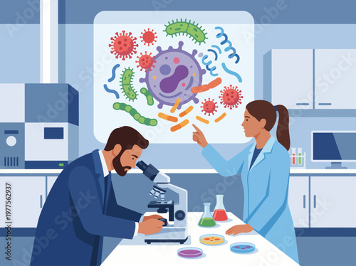 A detailed scene of scientists examining microorganisms under a microscope in a lab, highlighting the significance of research and collaboration in the life sciences.