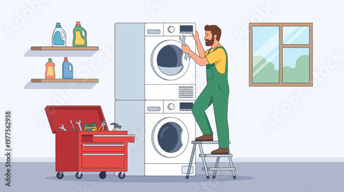 A skilled technician adjusts a washer in a contemporary laundry room filled with cleaning supplies, emphasizing the importance of maintenance and care in household appliances.