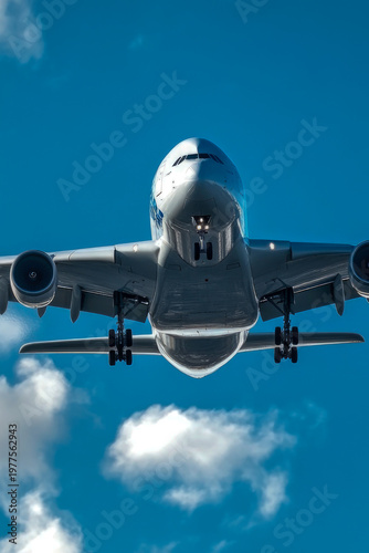A Boeing 737 or similar aircraft soaring through a clear blue sky with white clouds. vertical frame