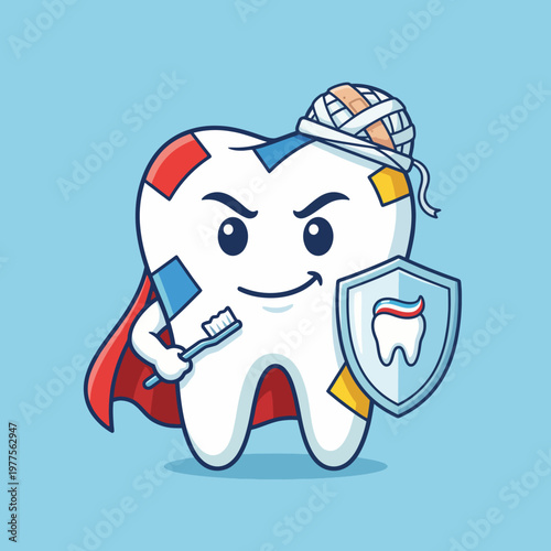 This playful illustration features a tooth character dressed as a superhero, complete with a cape and shield, conveying the importance of dental health and hygiene with humor.