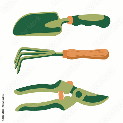 A simple yet vibrant illustration of essential gardening tools arranged neatly, ideal for highlighting the joys of gardening and nurturing plants in a green environment.