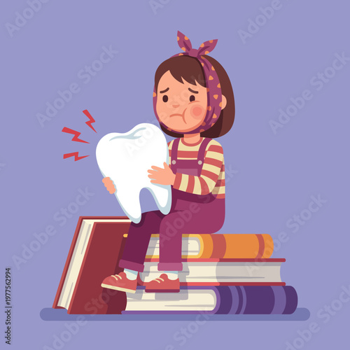 A sad child with a toothache is sitting on stacked books, holding a large tooth. The facial expression conveys discomfort, highlighting the importance of dental health for kids.