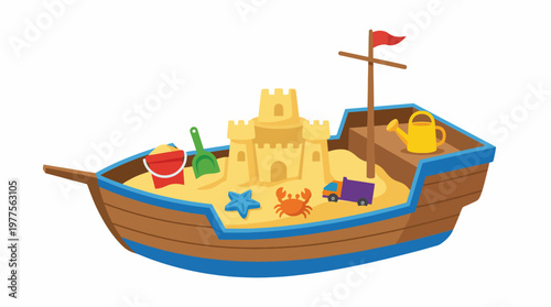 A vibrant illustration of a sandboat featuring a sandcastle, beach toys, and a playful crab, symbolizing childhood fun and creativity at the beach on a sunny day.