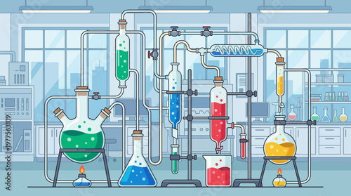 A detailed illustration of a laboratory setup with colorful liquids in various flasks and tubes, showcasing the essence of science, experimentation, and discovery.