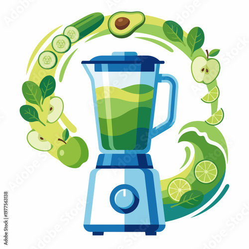 A colorful illustration of a blender surrounded by fresh fruits and vegetables, portraying the essence of healthy living, nutrition, and vibrant culinary choices.