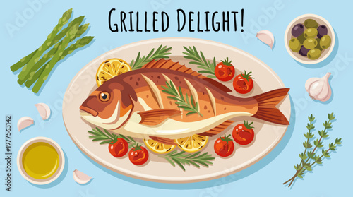 An appetizing grilled fish dish garnished with fresh herbs, cherry tomatoes, lemon slices, and asparagus, ideal for food lovers and culinary enthusiasts.