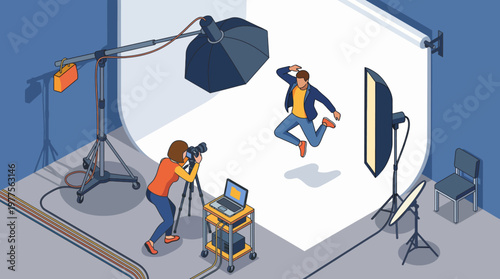 A vibrant studio setup featuring a photographer capturing a dynamic jumping model with professional lighting and equipment, showcasing the art of photography.