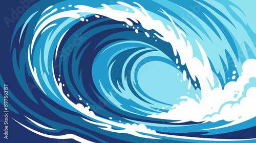 A stunning and dynamic illustration of a powerful ocean wave, showcasing vibrant blue colors and movement, ideal for beach lovers and nature enthusiasts.