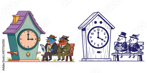 Cuckoo clock house and bird characters sitting on bench illustration set featuring colorful and blue line art variations.
