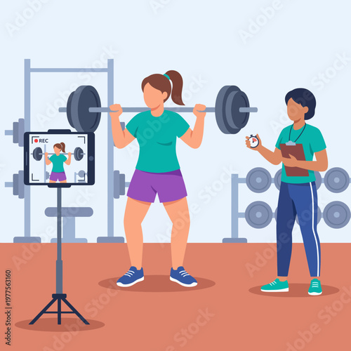 A personal trainer motivates a client during a weightlifting session, utilizing a video camera to assess performance, illustrating dedication to fitness and strength.