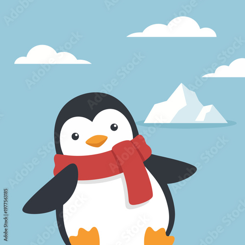 A charming cartoon penguin wearing a red scarf in a cold landscape with icebergs, capturing the essence of winter and the playful spirit of wildlife.