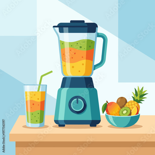 A colorful blender filled with freshly blended smoothies accompanied by a glass of vibrant fruit drink, showcasing the beauty of healthy eating combined with a fun, playful twist.