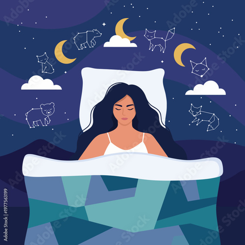 A serene illustration of a girl sleeping soundly under a starry night sky, surrounded by whimsical animal constellations, capturing the tranquility and charm of peaceful sleep.