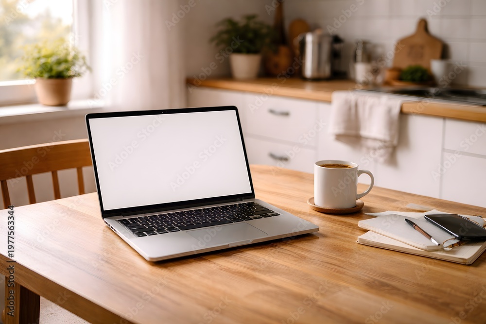 Fototapeta premium Laptop with blank screen on kitchen table, remote working from home