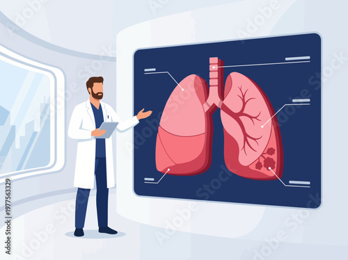 This medical illustration presents an informative view of human lungs anatomy, marked with labels to depict essential features and areas for educational purposes.