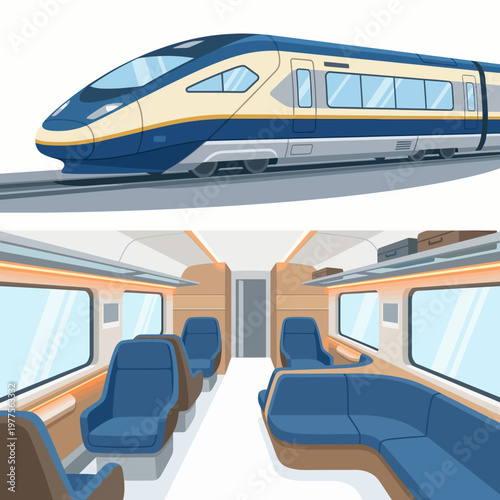 A sleek high-speed train cruising on a modern rail line, representing advanced transportation technology and the future of commuting with comfort and efficiency.