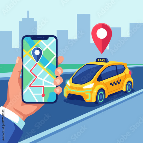 A smartphone displaying a vibrant map while a yellow taxi hails nearby, showcasing modern urban transportation and the convenience of navigation technology.