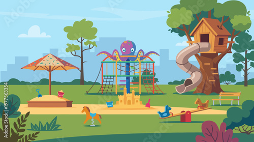 A colorful playground featuring an octopus climbing frame, a sandy area for kids to play, and vibrant trees, embodying creativity and joy in outdoor spaces.