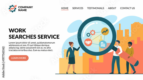 An engaging website landing page for a work search service, illustrating a magnifying glass effect over the city, depicting the quest for employment and career growth.