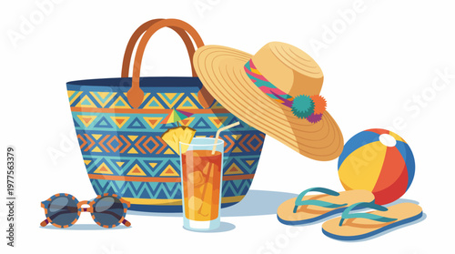 This vibrant image showcases essential beach items like a tote bag, sunhat, flip-flops, and a refreshing drink, perfect for a sunny day at the beach filled with fun.