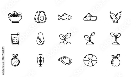 Healthy food icons vector set organic nutrition symbols fruits vegetables fish avocado juice plant based diet illustration