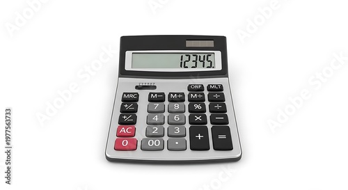 Professional silver digital calculator on white background business math tool financial office.
