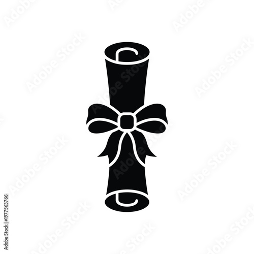 Rolled scrolls tied with a bow, black on white background, rolled papers ribbon