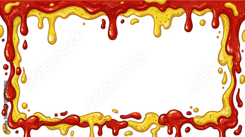 A vibrant illustration of ketchup and mustard dripping down to form a colorful border on a white background.
