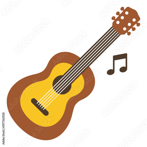 Harmonic Guitar Melody: An illustrated acoustic guitar with strings and a musical note exudes a sense of music and serenity.