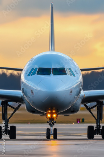 A large commercial airliner sitting on the runway at an airport. vertical frame