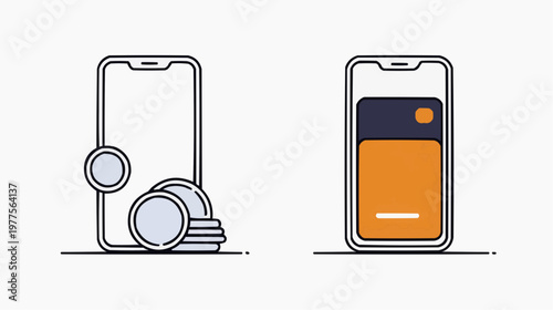 Flat vector illustration of two smartphones with digital elements, suitable for technology blogs, financial apps, or online payment promotions.