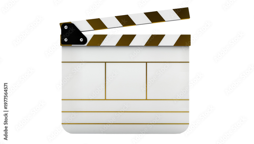 Fototapeta premium Isolated 3D render of a blank film clapperboard with golden accents for movie production