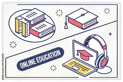 E-Learning Online Education Banner Set with Students, Laptop, Webinar, Digital Courses and Distance Learning Vector Illustration