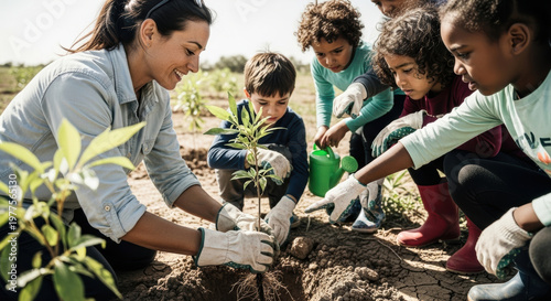 Happy Diverse Children and Adult Planting Tree for Environmental Education and a Sustainable Future